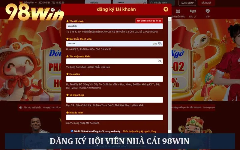 Đăng ký hội viên tại nền tảng cá cược 98 win